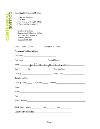 Free Centennial College Application Form in PDF