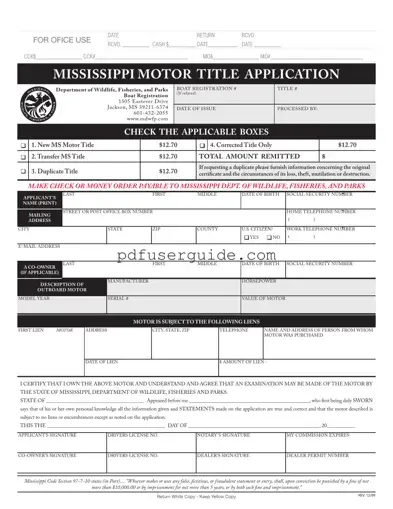 Free Certificate Of Title For Mississippi Form in PDF