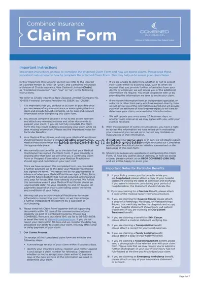 Free Combined Insurance Claim Form in PDF