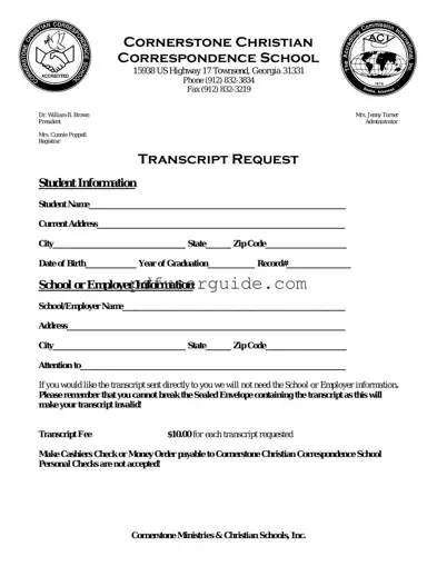 Free Cornerstone Christian Correspondence School Transcript Form in PDF