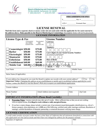 Free Cosmetology License Renewal California Form in PDF