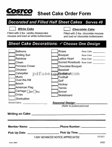 Free Costco cake order form Form in PDF
