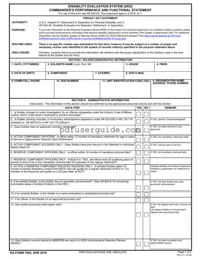 Free Da 7652 Form in PDF