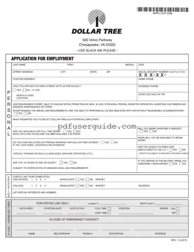 Free Dollar Tree Application Form in PDF