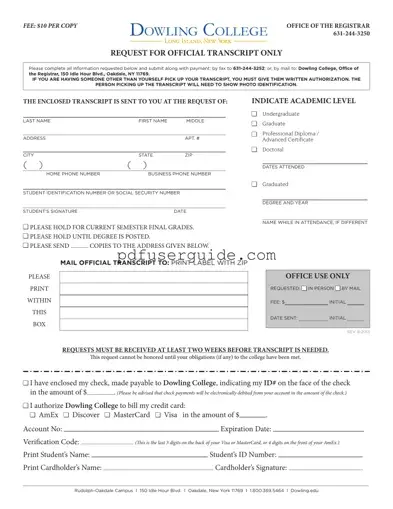 Free Dowling College Transcript Form in PDF