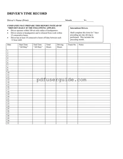 Free Driver Time Record Form in PDF