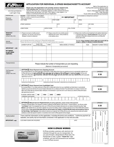 Free E Zpass Ma Application Form in PDF