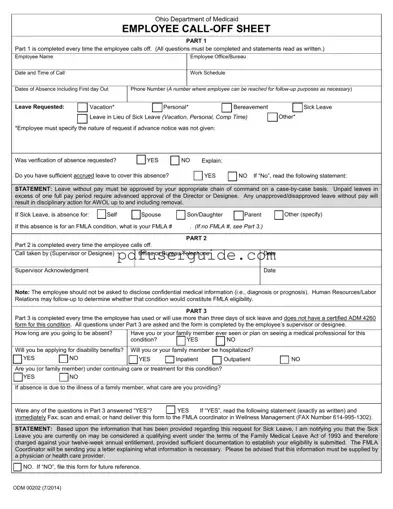 Free Employee Call Off Sheet Form in PDF
