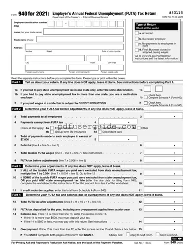 Free IRS 940 Form in PDF