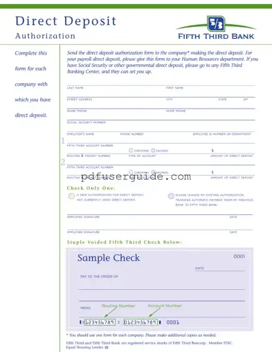 Free Fifth Third Bank Direct Deposit Form in PDF