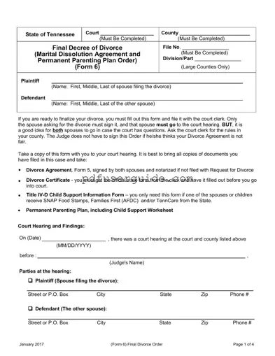 Free Final Divorce Order Tennessee Form in PDF