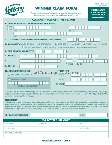 Free Florida Lottery Claim Form in PDF