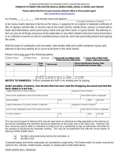Free Florida Vehicle POA form 82053 Form in PDF