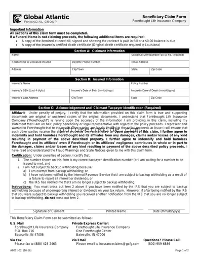 Free Forethought Life Insurance Claim Form in PDF
