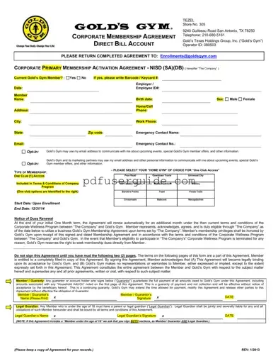 Free Golds Gym Application Form in PDF