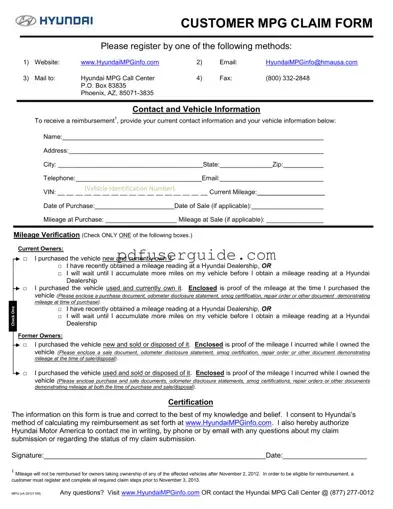 Free Hyundai Reimbursement Mpg Form in PDF