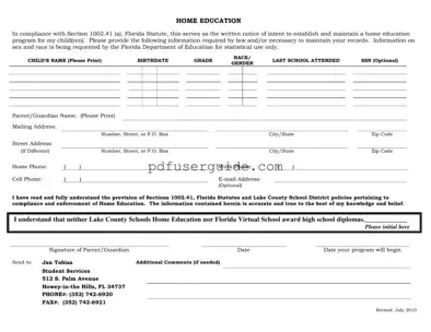 Free Intent To Homeschool Florida Form in PDF