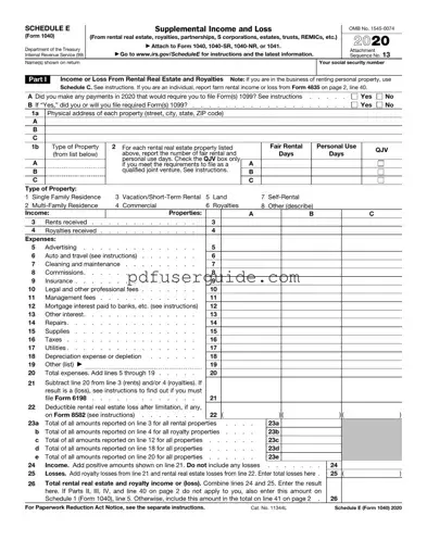 Free IRS Schedule E 1040 Form in PDF