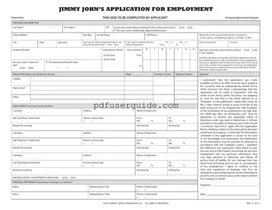 Free Jimmy John Job Application Form in PDF