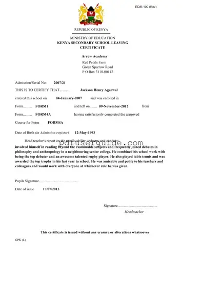 Free Kcse Leaving Certificate Form in PDF