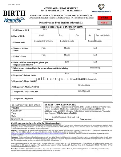 Free Kentucky Birth Certificate Form in PDF