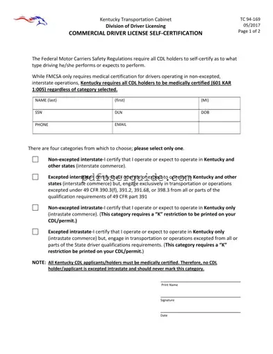 Free Kentucky Cdl Self Certification Form in PDF