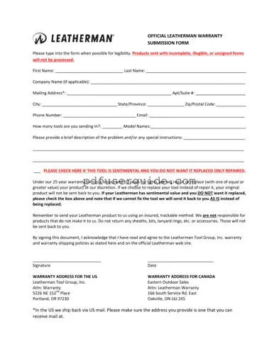 Free Leatherman Warranty Form in PDF