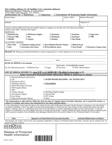 Free Memorial Hermann Release Form in PDF