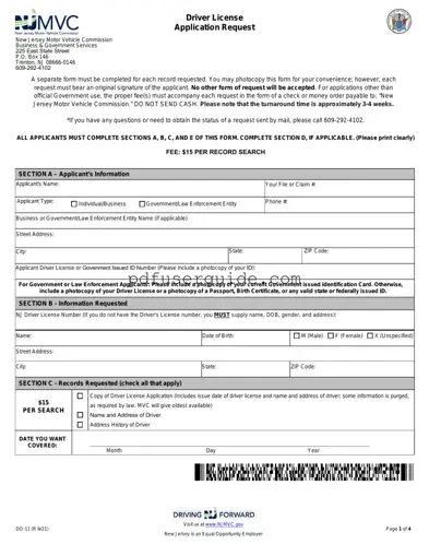 Free Nj Driver License Application Request Form in PDF