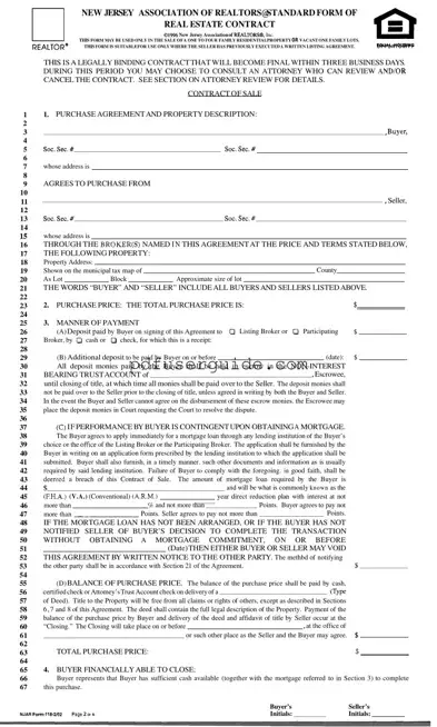 Free Njar Real Estate Contract Form in PDF