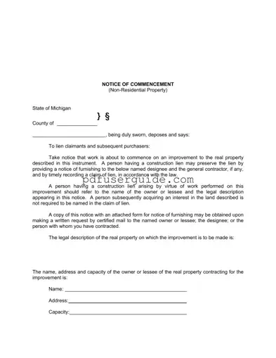 Free Notice Commencement Michigan Form in PDF