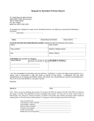 Free Numident Printout Form in PDF