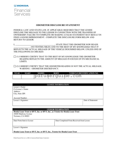 Free Honda Odometer Statement Form in PDF
