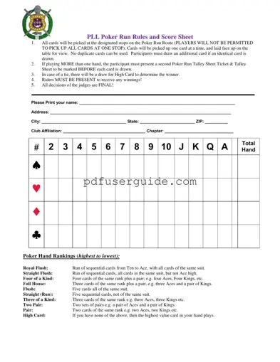 Free Pll Poker Run Rules Form in PDF