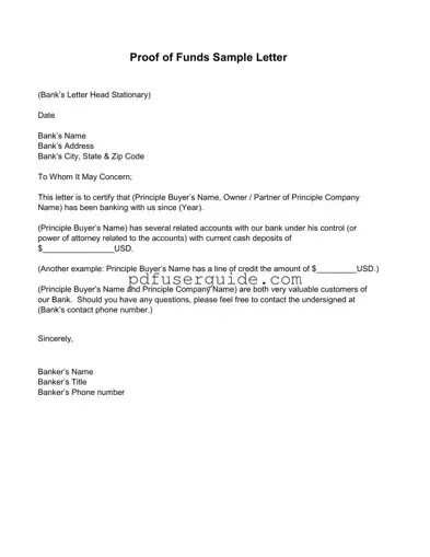 Free Proof Of Funds Letter Sample Form in PDF