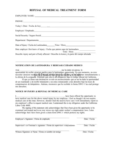 Free Refusal Of Medical Treatment Form in PDF