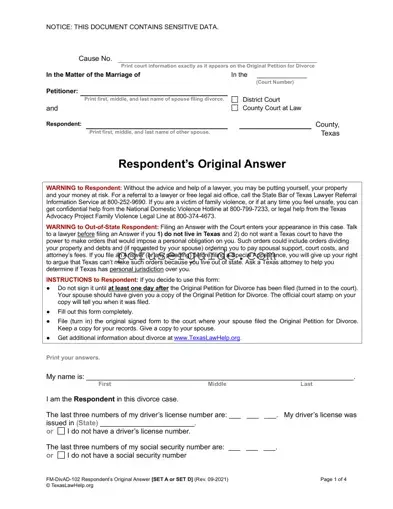 Free Respondent's Original Answer Form in PDF