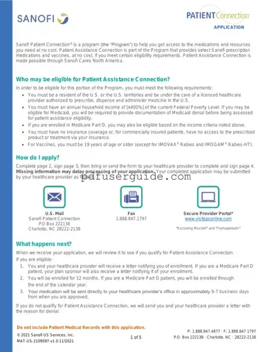 Free Sanofi Patient Assistance Form in PDF