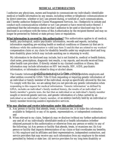 Free Sedgwick Medical Release Form in PDF