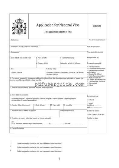 Free Spain National Visa Application Form in PDF