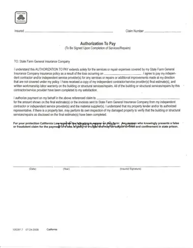 Free State Farm Authorization To Pay Form in PDF