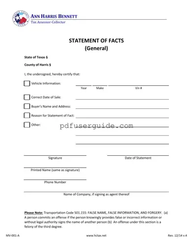 Free Statement Of Fact Texas Form in PDF