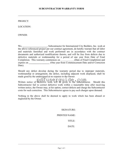 Free Subcontractor Warranty Form in PDF