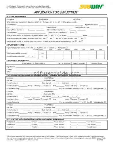 Free Subway Employment Application Form in PDF