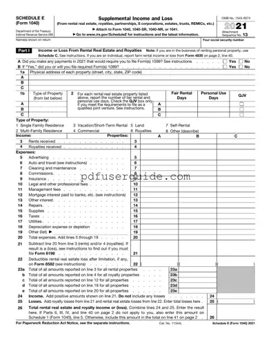 Free IRS Schedule E 1040 Form in PDF