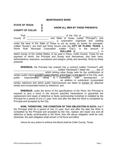 Free Texas Maintenance Bond Form in PDF