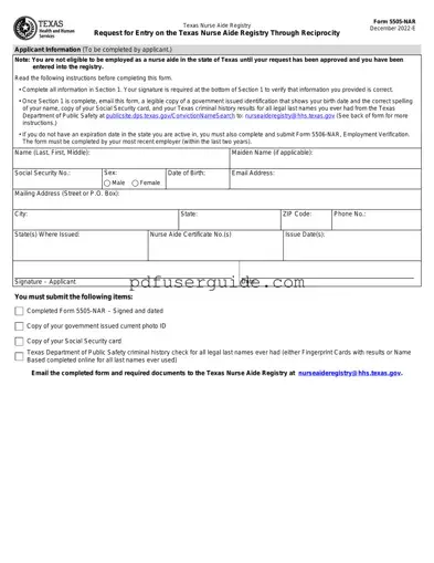 Free Texas Nurse Aide Registry 5505-NAR Form in PDF