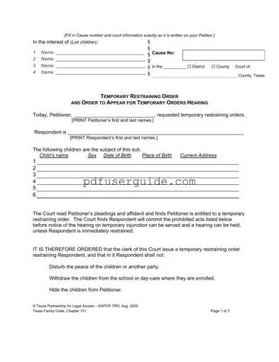 Free Texas Temporary Restraining Order Form in PDF