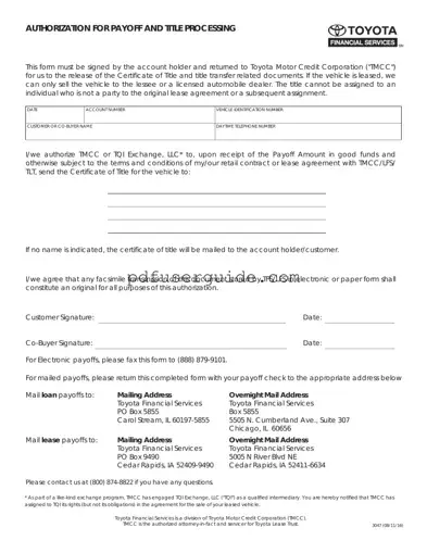 Free Toyota Finacial Payoff Form in PDF