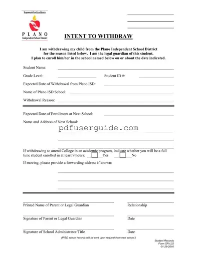 Free Unenrolling From Plano Isd Form in PDF